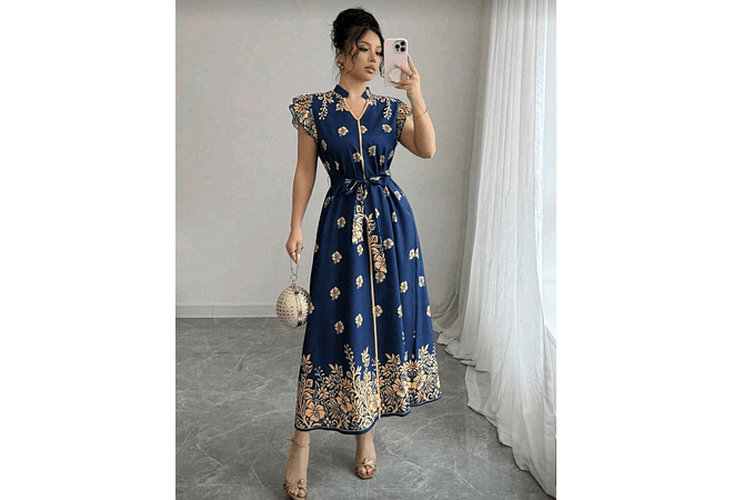 VESTIDO LARGO ESTAMPADO FLORES TALLA MEDIANA MOD# Y5432🌼👗