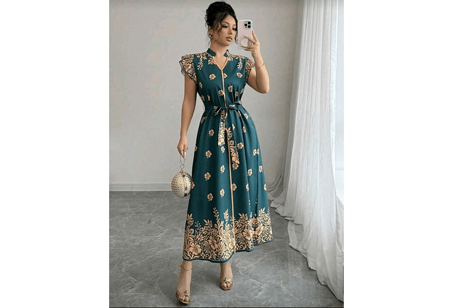 VESTIDO LARGO ESTAMPADO FLORES TALLA MEDIANA MOD# Y5432🌼👗