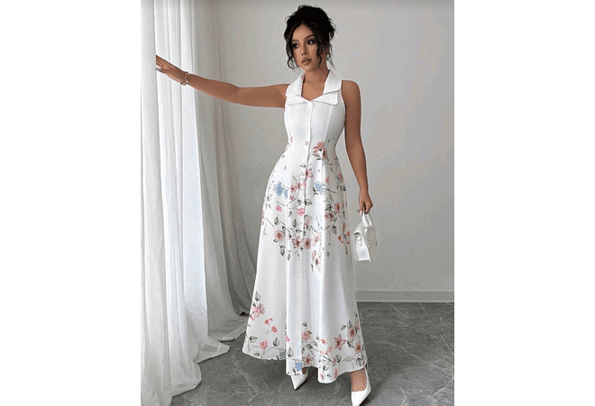 VESTIDO LARGO BLANCO CON FLORES SIN MANGAS T/CHICA MOD# MW250331 🌸