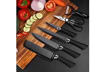 SET DE CUCHILLOS + TIJERAS + PELADOR (NEGROS) Cajita negra MOD# ER-0238A 🥒🥭