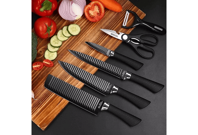 SET DE CUCHILLOS + TIJERAS + PELADOR (NEGROS) Cajita negra MOD# ER-0238A 🥒🥭