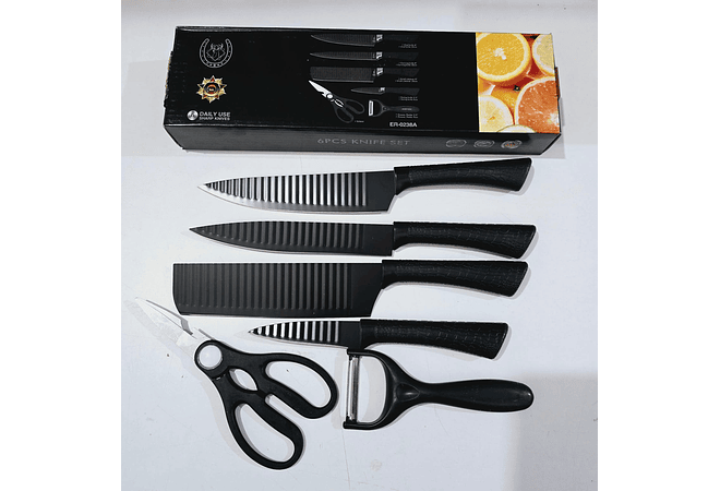 SET DE CUCHILLOS + TIJERAS + PELADOR (NEGROS) Cajita negra MOD# ER-0238A 🥒🥭