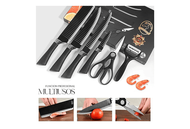 SET DE CUCHILLOS + TIJERAS + PELADOR (NEGROS) Cajita negra MOD# ER-0238A 🥒🥭