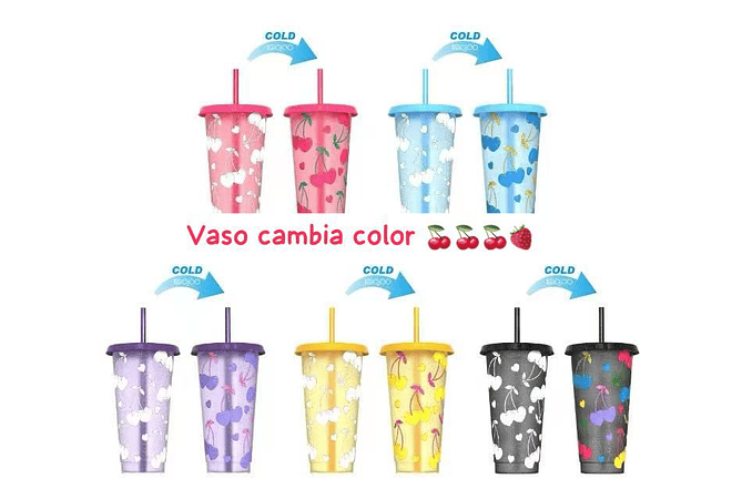 PAQ DE 5 VASOS MÁGICOS DE 750ML DISEÑO CEREZAS MOD# 923(1 de c/color)🍒