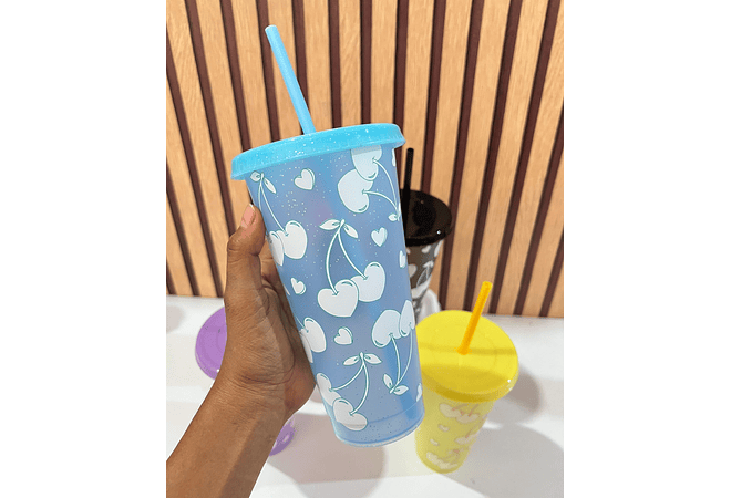 PAQ DE 5 VASOS MÁGICOS DE 750ML DISEÑO CEREZAS MOD# 923(1 de c/color)🍒