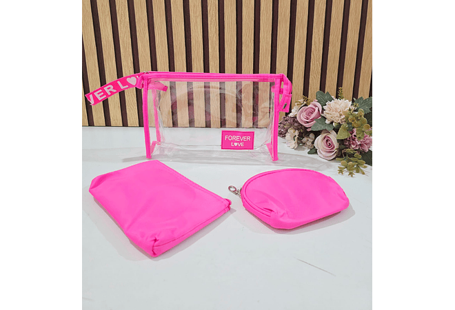 SET DE 3 COSMETIQUERAS (TRANSPARENTE FOREVER LOVE) MOD# WK-1164💋