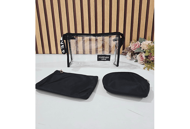 SET DE 3 COSMETIQUERAS (TRANSPARENTE FOREVER LOVE) MOD# WK-1164💋