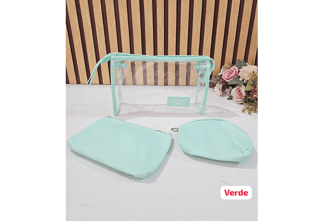 SET DE 3 COSMETIQUERAS (TRANSPARENTE FOREVER LOVE) MOD# WK-1164💋