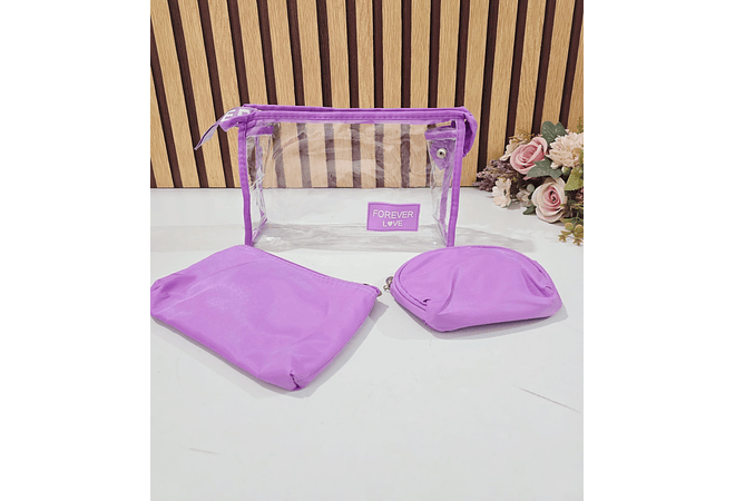 SET DE 3 COSMETIQUERAS (TRANSPARENTE FOREVER LOVE) MOD# WK-1164💋