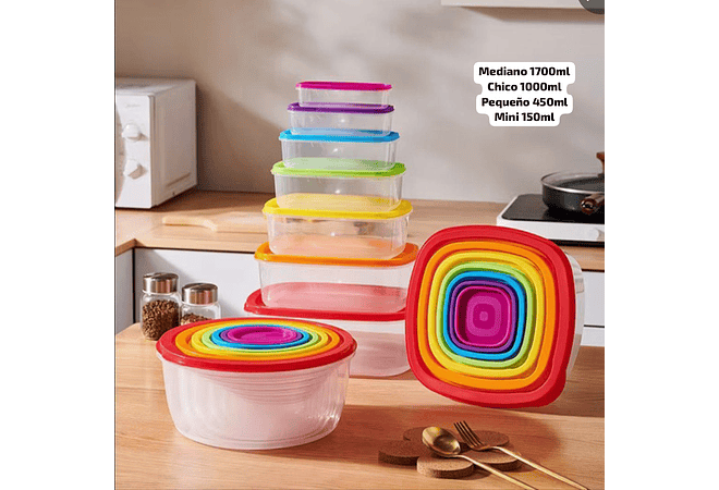 SET DE 5 TUPPER DIFERENTES TAMAÑOS/TAPAS DE COLORES  (CUADRADO)