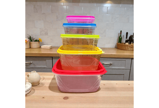 SET DE 5 TUPPER DIFERENTES TAMAÑOS/TAPAS DE COLORES  (CUADRADO)
