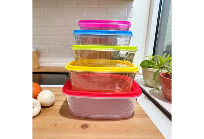 SET DE 5 TUPPER DIFERENTES TAMAÑOS/TAPAS DE COLORES  (RECTANGULAR)