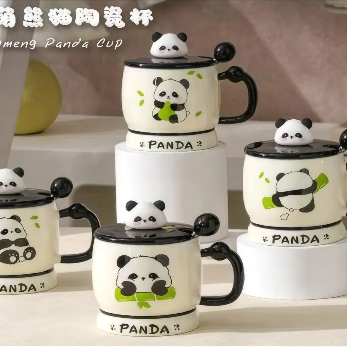 ☕🍴TAZA (400ML) DE CERÁMICA DISEÑO PANDITA CON CUCHARITA MOD# QY8334  🐼🎋 1