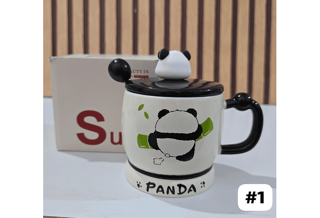 ☕🍴TAZA (400ML) DE CERÁMICA DISEÑO PANDITA CON CUCHARITA MOD# QY8334  🐼🎋