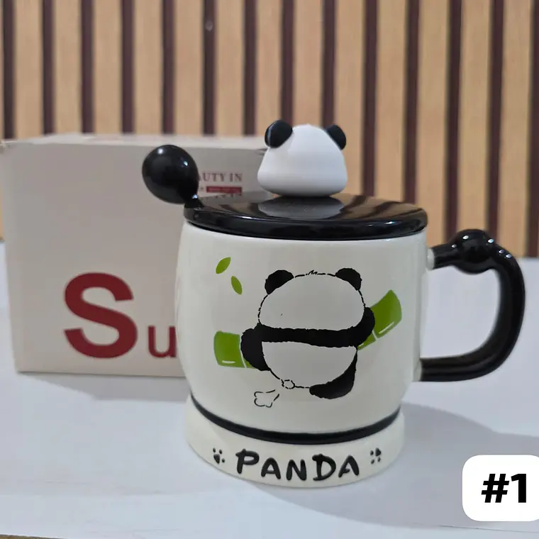 ☕🍴TAZA (400ML) DE CERÁMICA DISEÑO PANDITA CON CUCHARITA MOD# QY8334  🐼🎋 4