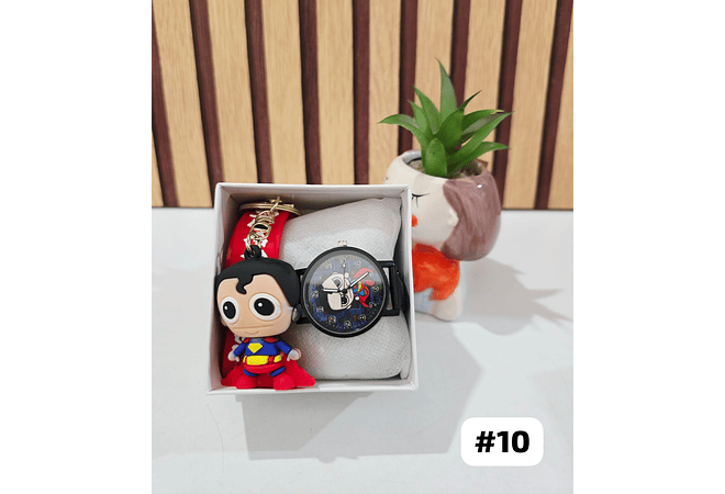 SET RELOJ CON LLAVERITO/PERSONAJES PARA NIÑO (con cajita)