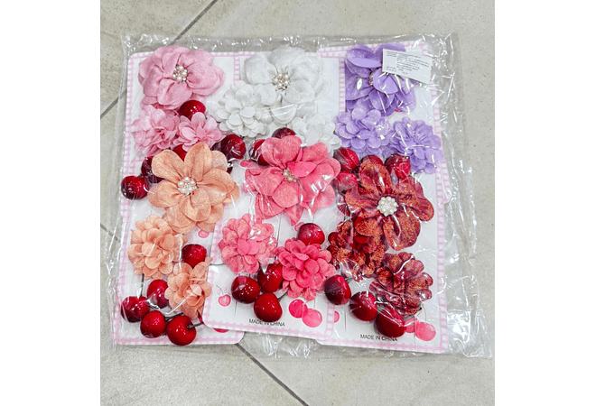 PAQ. CON 6 SET DE 3 PASADORES DISEÑO FLOR/CEREZA AL AZAR  MOD# TZ-31  🍒 🌸