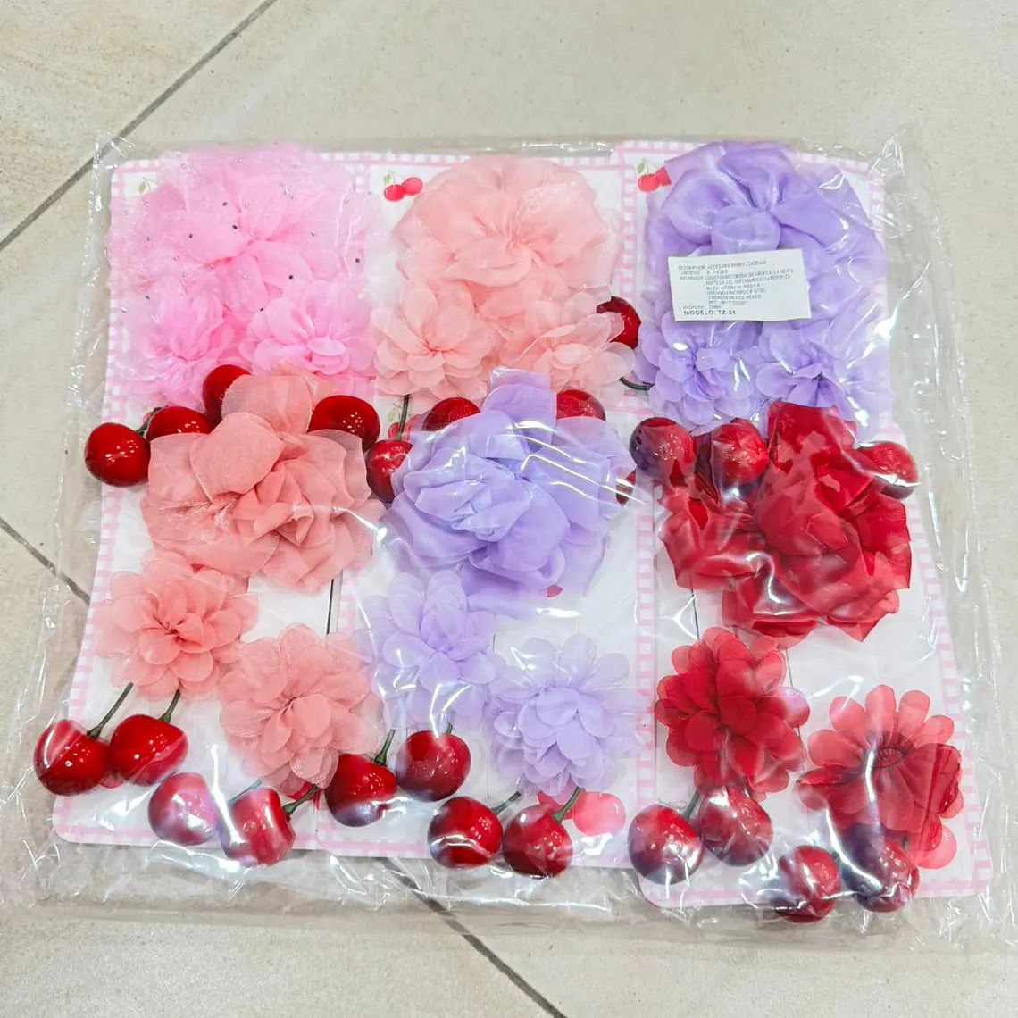 PAQ. CON 6 SET DE 3 PASADORES DISEÑO FLOR/CEREZA AL AZAR  MOD# TZ-31  🍒 🌸 2