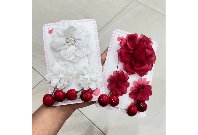 PAQ. CON 6 SET DE 3 PASADORES DISEÑO FLOR/CEREZA AL AZAR  MOD# TZ-31  🍒 🌸