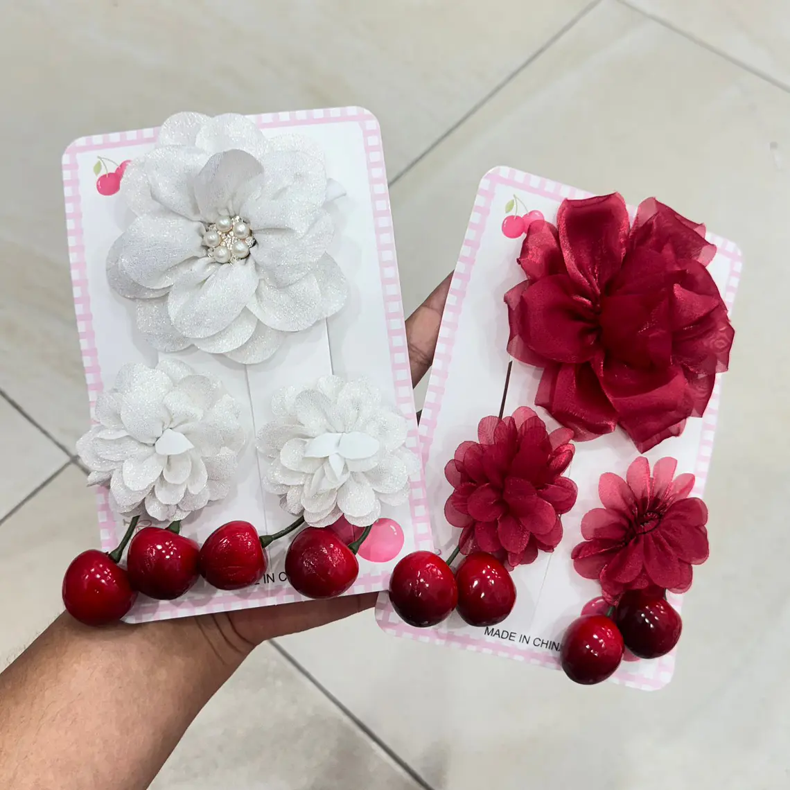 PAQ. CON 6 SET DE 3 PASADORES DISEÑO FLOR/CEREZA AL AZAR  MOD# TZ-31  🍒 🌸 3