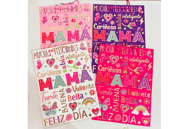 PAQ DE 4 BOLSAS PARA REGALO "FELIZ DÍA MAMÁ (1 de c/color) MOD# YM-2095-L-3   🎁 🛍️