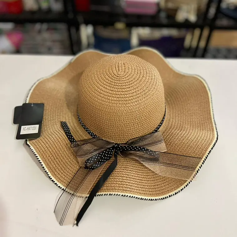 SOMBRERO PLAYERO MOÑO DE LISTON DE ORGANZA Y DE PUNTOS MOD# YC-HAT1231 (AL AZAR)   🏖️👒 2