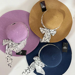 SOMBRERO PLAYERO MOÑO BLANCO/FLORES BLANCAS COLORES (AL AZAR)  MOD #QW-5292 🌼