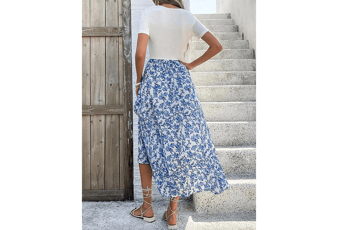 VESTIDO LARGO BLANCO/AZUL FLORES TALLA MEDIANA 👗