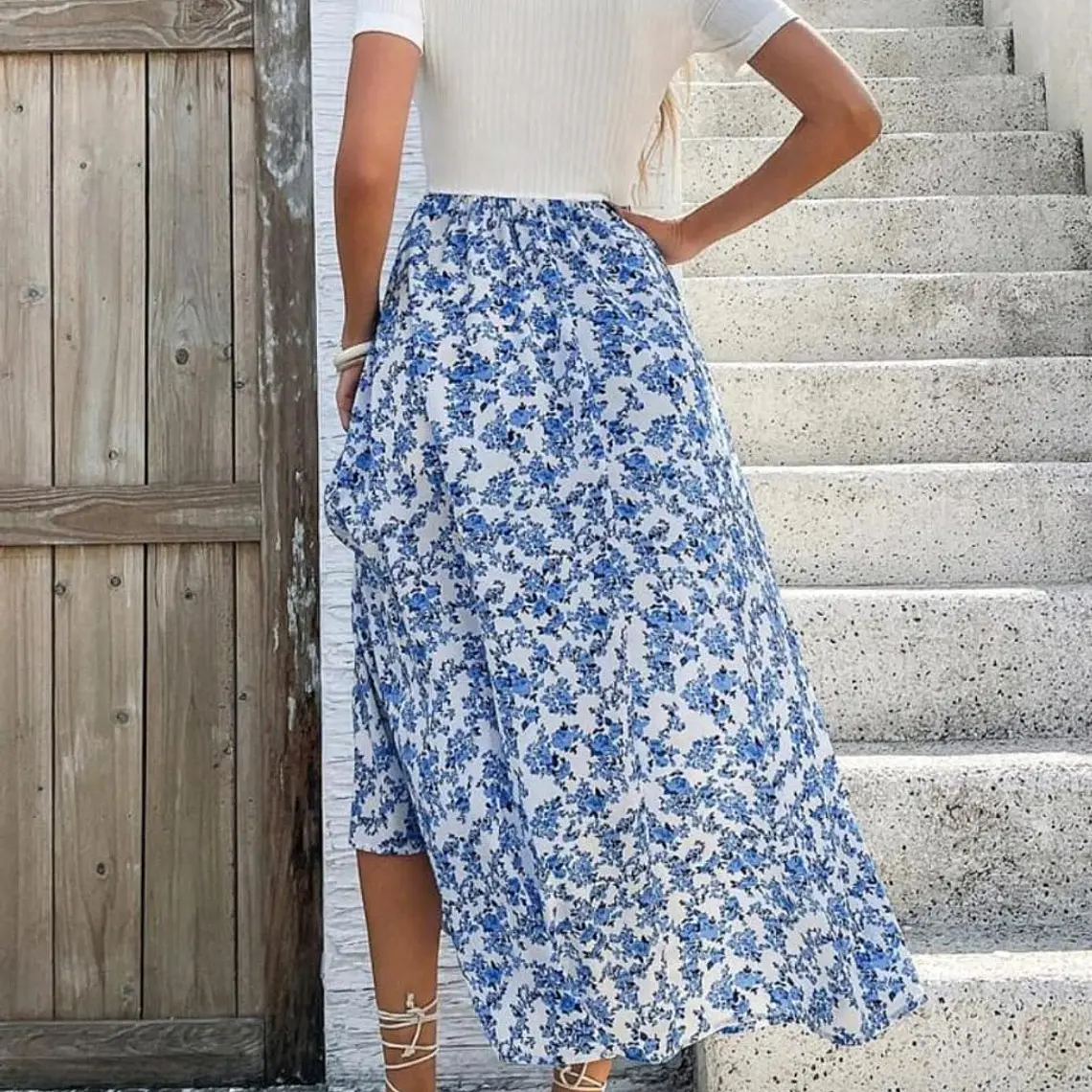 VESTIDO LARGO BLANCO/AZUL FLORES TALLA MEDIANA 👗 3