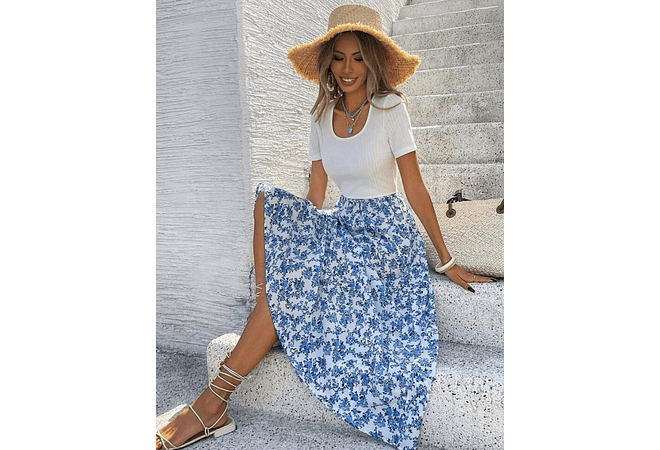 VESTIDO LARGO BLANCO/AZUL FLORES TALLA MEDIANA 👗