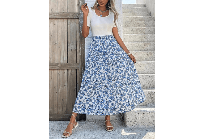 VESTIDO LARGO BLANCO/AZUL FLORES TALLA MEDIANA 👗