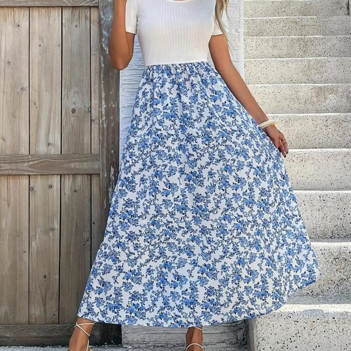 VESTIDO LARGO BLANCO/AZUL FLORES TALLA MEDIANA 👗 4