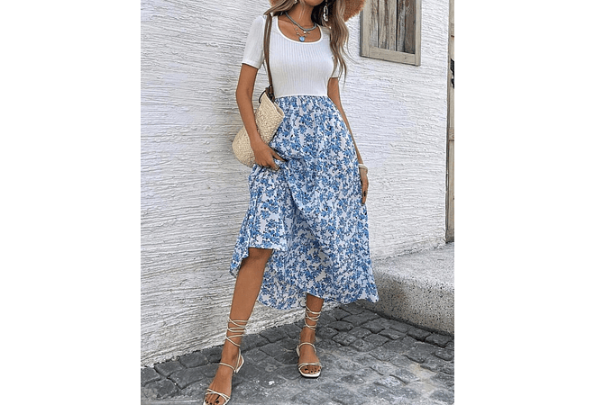 VESTIDO LARGO BLANCO/AZUL FLORES TALLA MEDIANA 👗