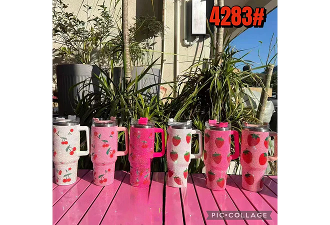 VASO ACABADO DIAMANTE FRESAS Y CEREZAS DE 1000 ML MOD# 🍒 🍓 💎
