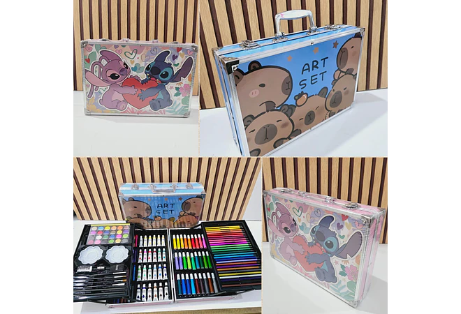 🫟🎨ESTUCHE CON KIT DE DIBUJO PROFESIONAL DE PINTURAS(CAPIBARA O STITCH) MOD# PL145🧩