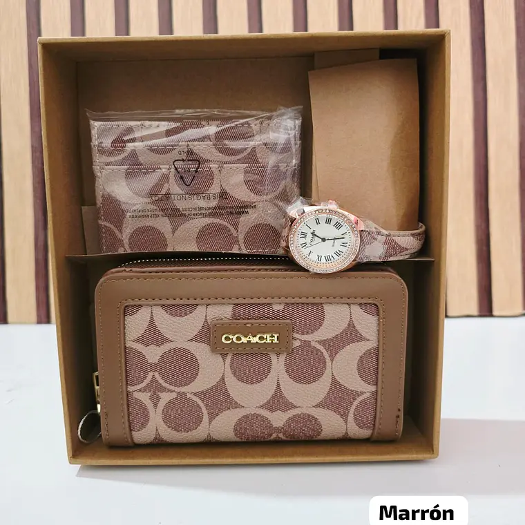 SET DE CARTERA + TARJETERO + RELOJ PARA DAMA IMITACIÓN COACH MOD# COS-1513  🌻🌷 5