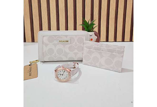 SET DE CARTERA + TARJETERO + RELOJ PARA DAMA IMITACIÓN COACH MOD# COS-1513  🌻🌷