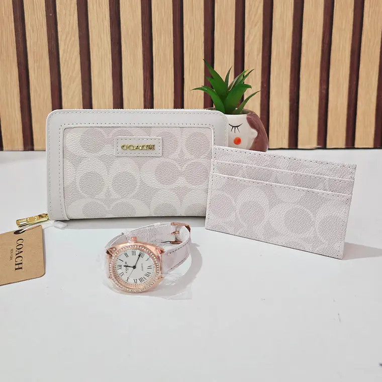 SET DE CARTERA + TARJETERO + RELOJ PARA DAMA IMITACIÓN COACH MOD# COS-1513  🌻🌷 9