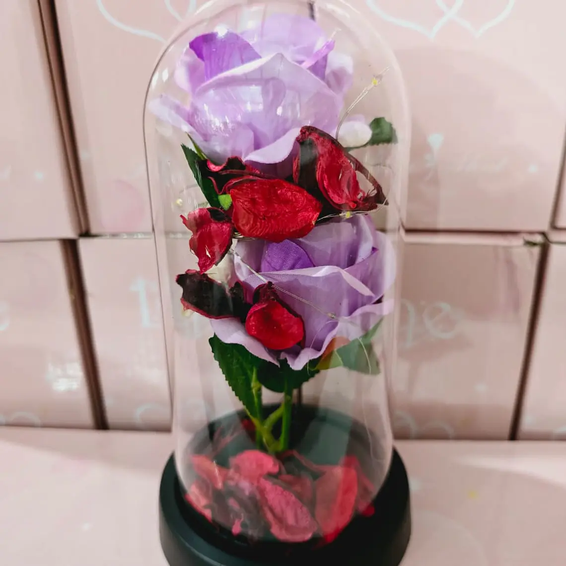 CUPULA DE PLÁSTICO CON 2 ROSAS ETERNAS CON LUZ LED MOD# 7002  🌻🌷 3