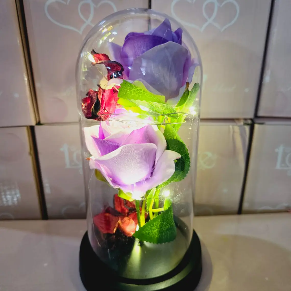 CUPULA DE PLÁSTICO CON 2 ROSAS ETERNAS CON LUZ LED MOD# 7002  🌻🌷 7