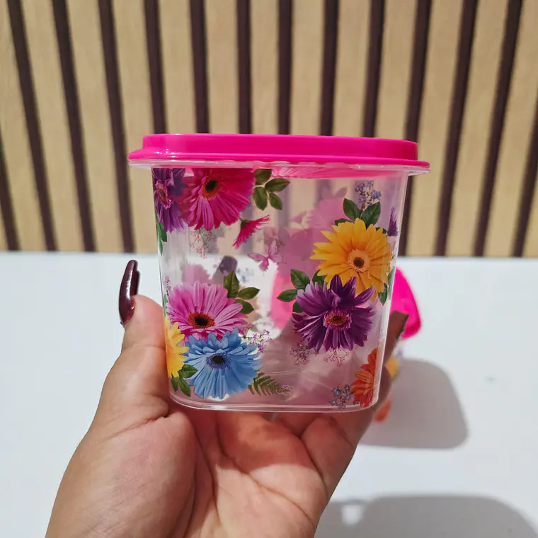 MINI TUPPER CUADRADITO ROSA FLORES (330ML) 🪻🌷 2