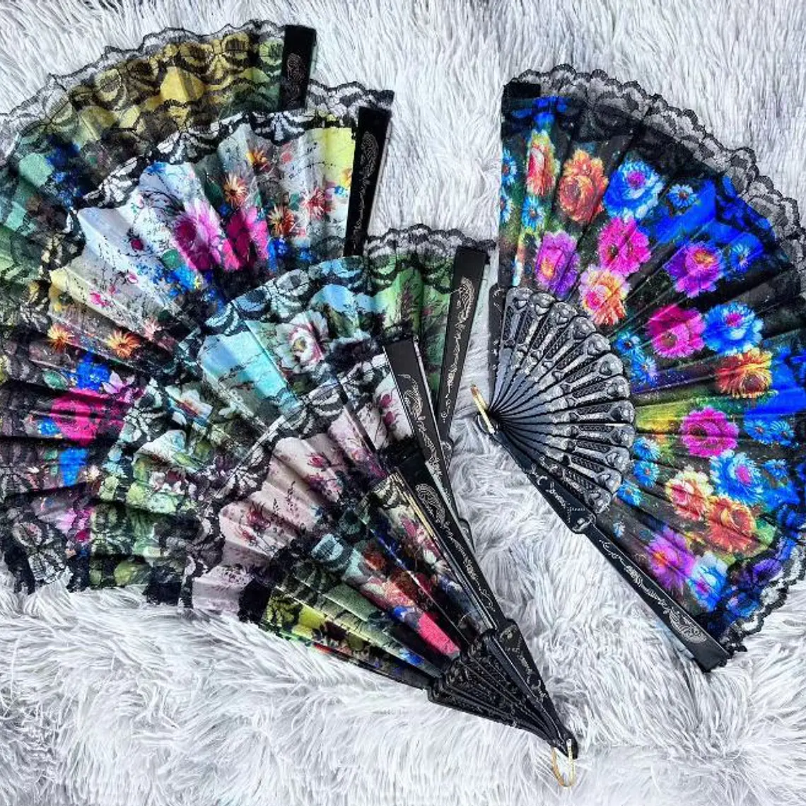 🪻DOCENA DE ABANICOS NEGRO DISEÑO FLORAL MOD #A8🌺 1