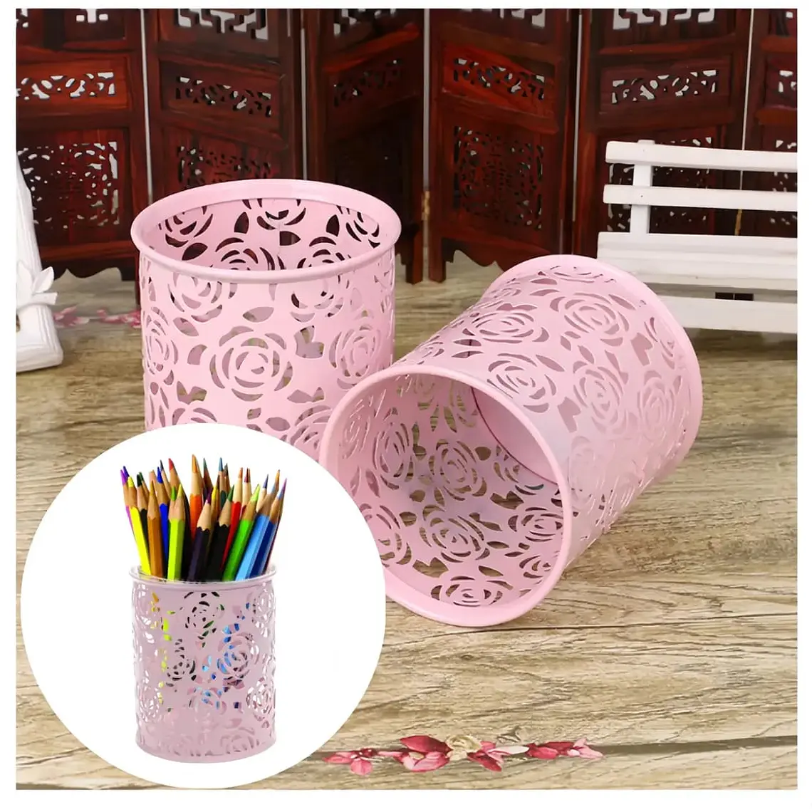 PORTALÁPICES  ORGANIZADOR  DE ESCRITORIO REDONDO (ROSAS) 🗑️🗃️✏️ 4