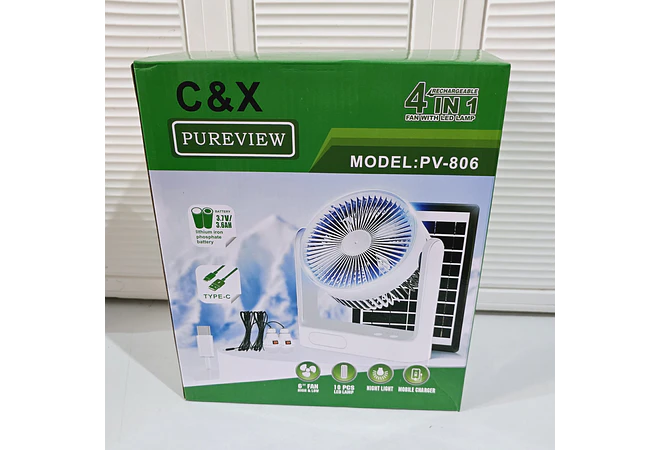 VENTILADOR SOLAR 4 EN 1 CON LUZ SOLAR, CAJITA VERDE MOD# PV-806