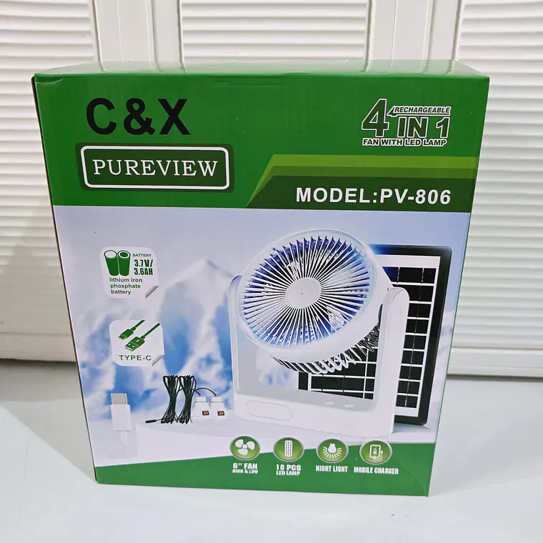 VENTILADOR SOLAR 4 EN 1 CON LUZ SOLAR, CAJITA VERDE MOD# PV-806 1