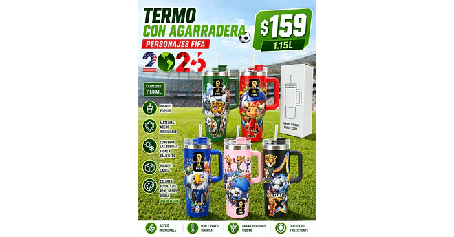 TERMO CON AGARRADERA /PERSONAJES FIFA MUNDIAL (1150 ML) MOD# 8298