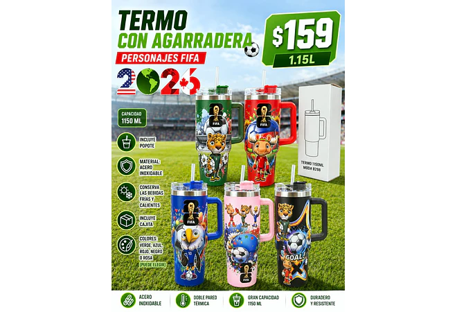 TERMO CON AGARRADERA /PERSONAJES FIFA MUNDIAL (1150 ML) MOD# 8298
