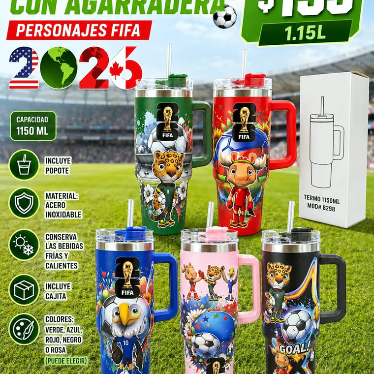 TERMO CON AGARRADERA /PERSONAJES FIFA MUNDIAL (1150 ML) MOD# 8298 1