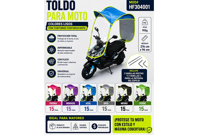 TOLDO PARA MOTO (COLORES LISOS CON CONTORNO FOSFORESCENTE) MOD #HF304001