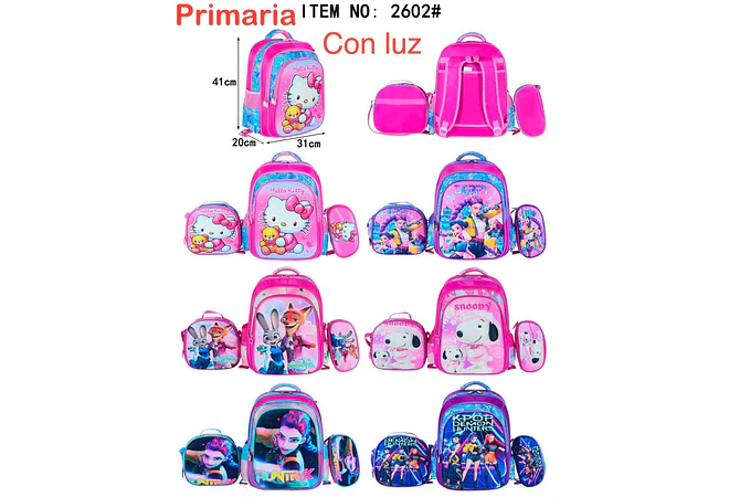 COMBO MOCHILA CON LUZ LED ADAPTABLE AL CARRITO+ LONCHERA + LAPICERA DISEÑOS PARA NIÑAS (PRIMARIA) MOD# 2602